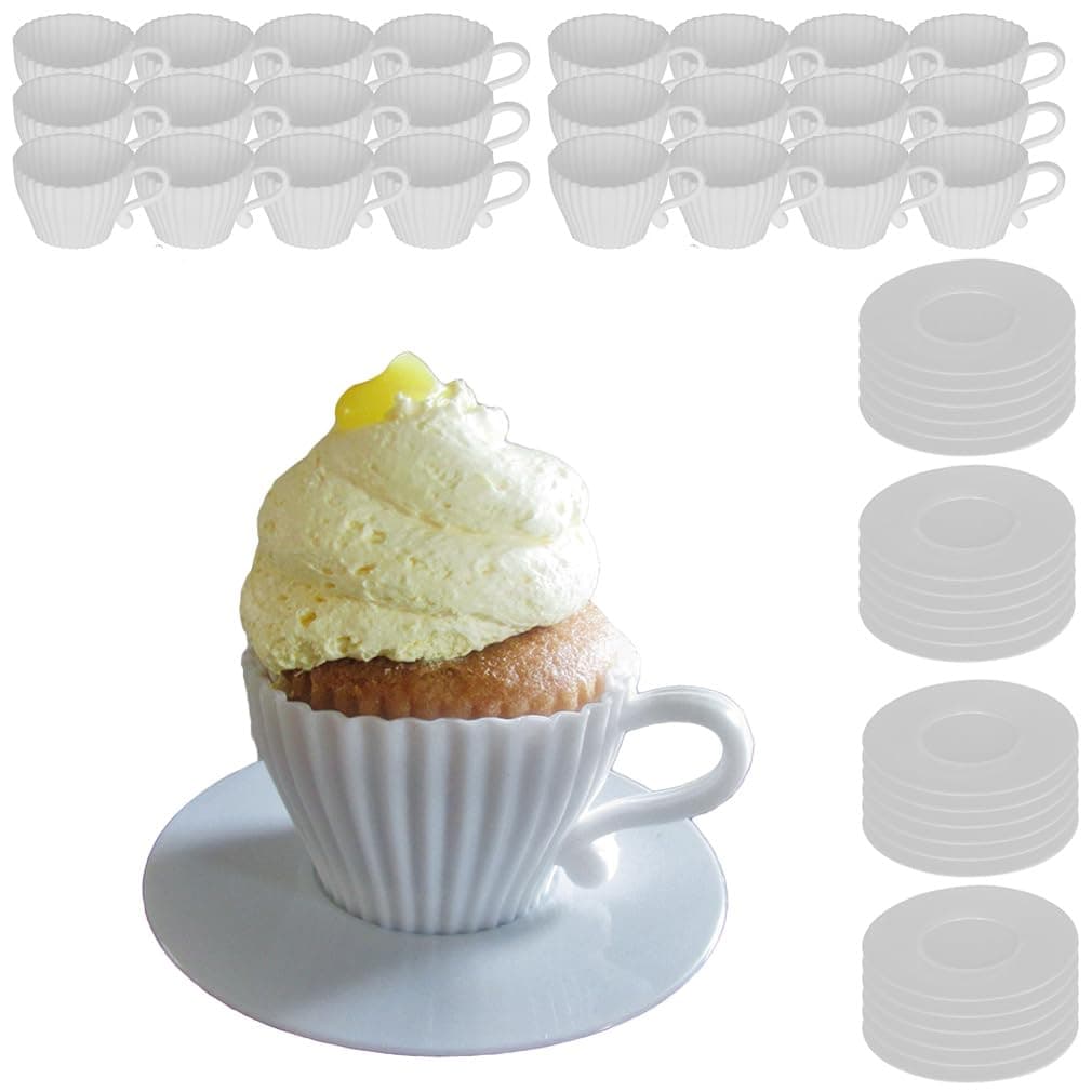 Evelots Baking Cupcake Molds - Silicone Teacup Set - 48 Pc Set - Oven-Safe - Nonstick - Muffin Cups for Bridal/Baby Shower, Birthday/Tea Party - 24 Cups & 24 Saucers - BPA Free