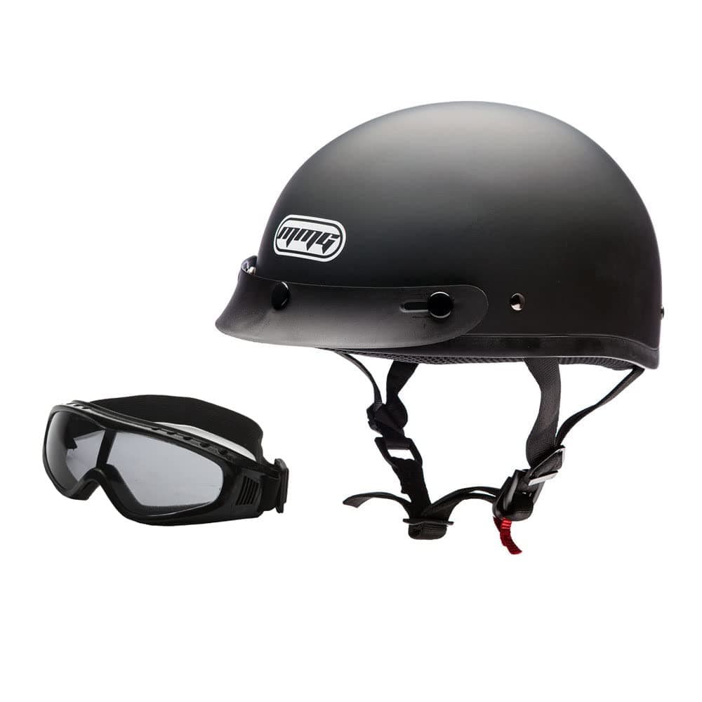 MMG Half Open Face Helmet Motorcycle Cruiser Classic DOT - Goggles Included. (Matte Black, M)