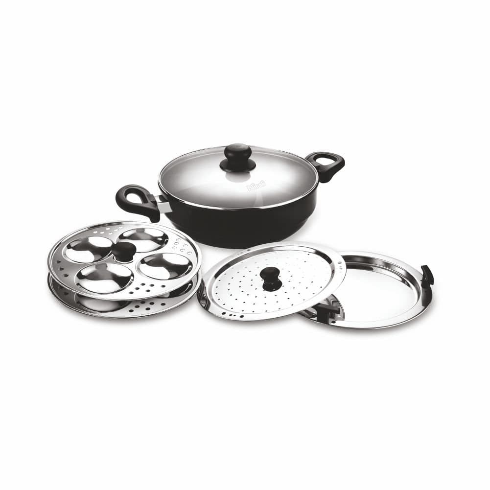 Nirali 22.5cm Multi Kadai with Teflon Platinum Coating & Glass lid to Make Curry, dhokla, patra & idli