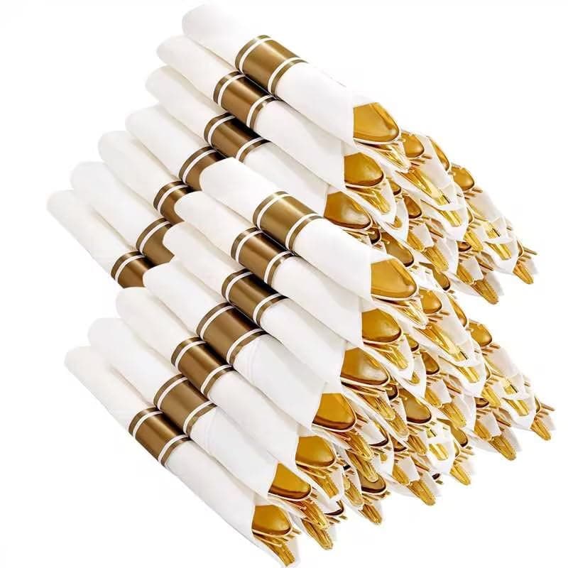 Nervure 400PCS Pre Rolled Gold Plastic Silverware Sets - Heavy Duty Gold Cutlery - Include 100 Pack Wrapped Disposable Utensils with Napkins for Parties, Dinners & Weddings