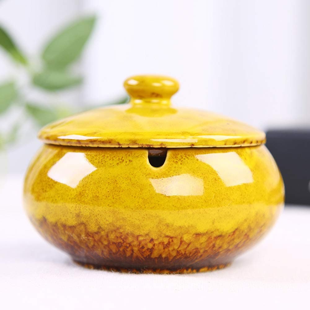 HOOKDOR Ceramic Ashtray with Lids,Windproof,Cigarette Ashtray for Indoor or Outdoor Use，Ash Holder for Smokers,Desktop Smoking Ash Tray for Home Office Decoration (Yellow)