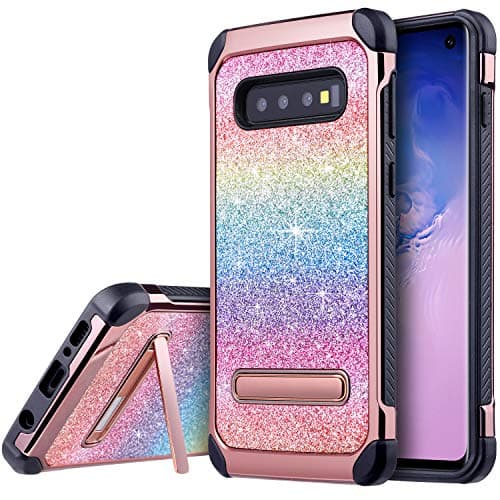 UARMOR Galaxy S10 Plus Case, S10+ Luxury Glitter Bling Rugged Shockproof Stand Hybrid Sparkly Shiny Faux Leather Chrome Hard Case Cover for Samsung Galaxy S10 Plus 6.4 Inch 2019, Colorful
