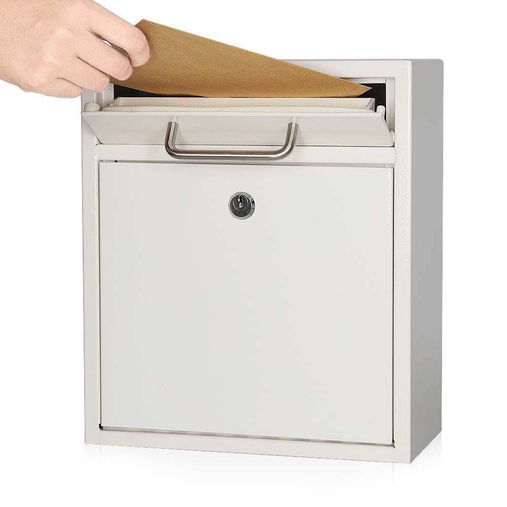KYODOLED Steel Key Lock Mail Boxes Outdoor,Locking Wall Mount Mailbox,Security Key Drop Box,12H x 10.51L x 4.68W Inches,White Large