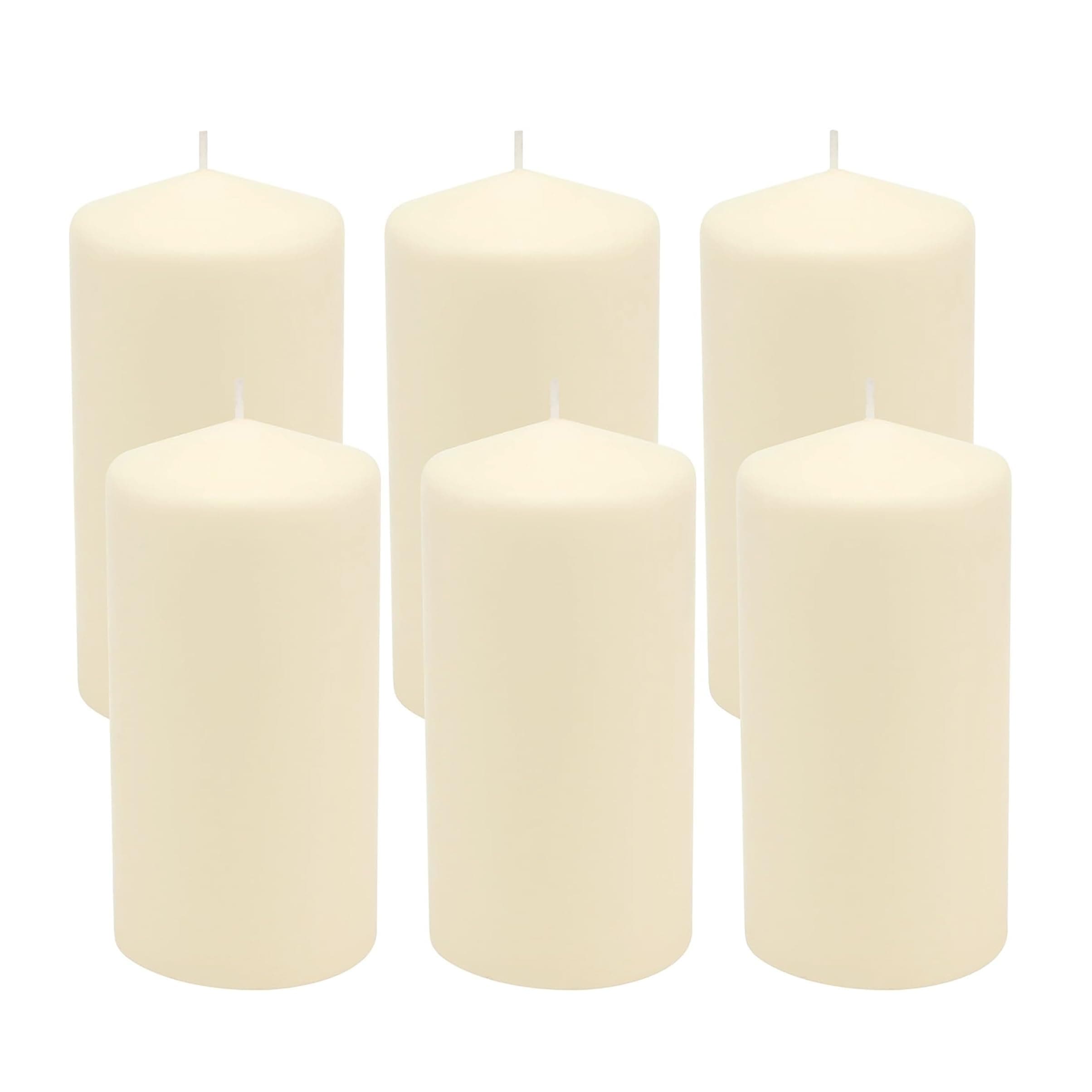 - 6 Pack Tall 3 x 6 Inch 65 Hour Long Burning Unscented Ivory Wax Pillar Candles
