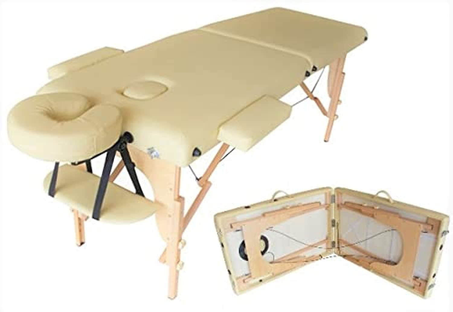LA PERLA TECH Massage Table Massage Bed Spa 73 Inches Long Portable 2 Folding W/Carry Case Table Height Adjustable Salon Face Cradle Color Beige