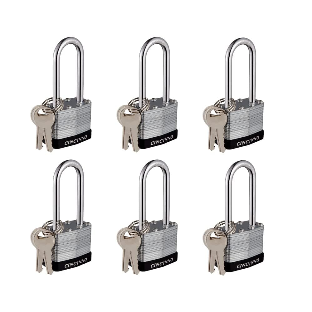 CINCINNO Laminated Steel Padlock with Key，6 Pack Keyed Alike Padlocks with Long Shackle
