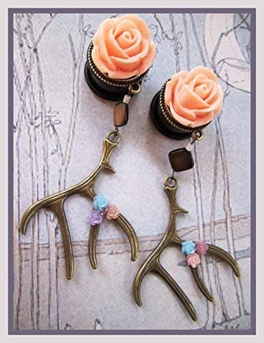 Dancing with the Deer dangle Antler Rose EAR PLUG earrings gauges 2g, 0g, 00g, 1/2", 9/16", 5/8", 11/16" aka 6mm, 8mm, 10mm, 12mm, 14mm, 16mm, 18mm