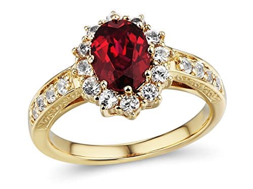 10k Yellow Gold Lab Created Ruby Ring with Lab Created White Sapphire Halo Filigree Engraving