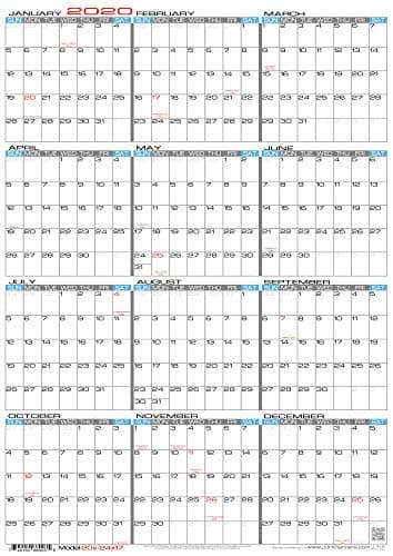 JJH Planners - Laminated - 24" X 17" Medium 2020 Erasable Wall Calendar - Vertical 12 Month Yearly Annual Planner (20v-24x17)
