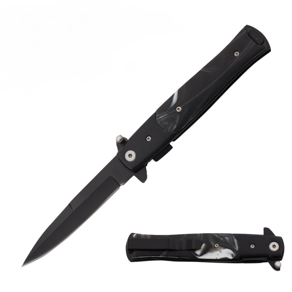 9" Black Marble Handle and Black Blade Assisted Opening Pocket Knife