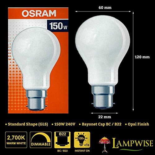 Osram 150W 240V BC/B22 GLS Dimmable Opal Light Bulb
