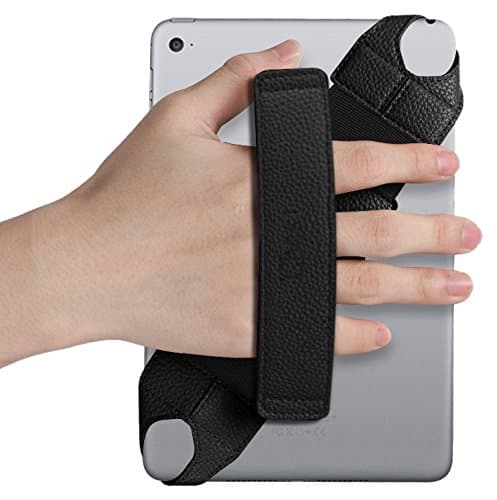 LENMO Universal Tablet Hand Strap Holder 360 Degrees Swivel PU Leather Handle Grip with Elastic Belt Secure Portable for iPad mini and All 7-8 Inch Tablets, Black
