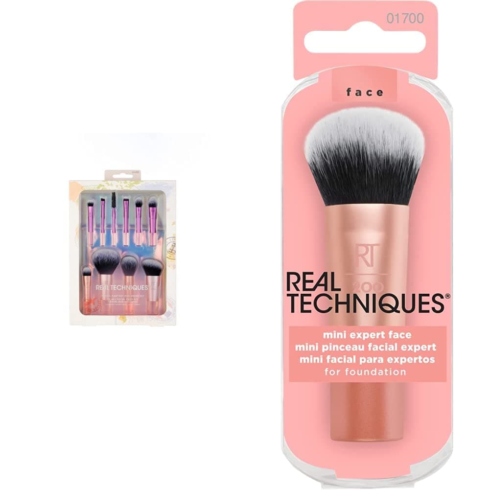 Real Technique Travel Fanstasy Mini Brush Kit, Makeup Brushes, Mini Sized Brushes, Perfect For Travel or On The Go, 10 Piece Set, Purple & Real Techniques Mini Travel Size Expert Face Makeup Brush