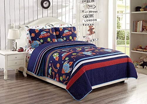 Elegant Home Multicolor Solar System with Space Ships & Rockets Universe Galaxy Stars Design 2 Piece Coverlet Bedspread Quilt for Kids Teens Boys Twin Size # Solar (Twin Size)
