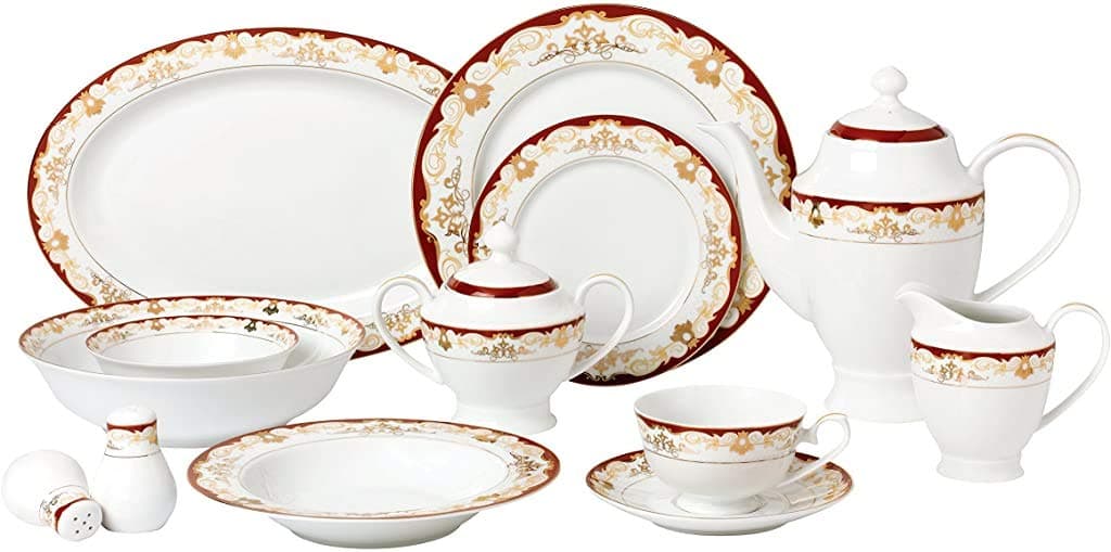 Lorren Home Trends 57 Piece 'Mabel' Bone China Dinnerware Set (Service for 8 People), Burgundy