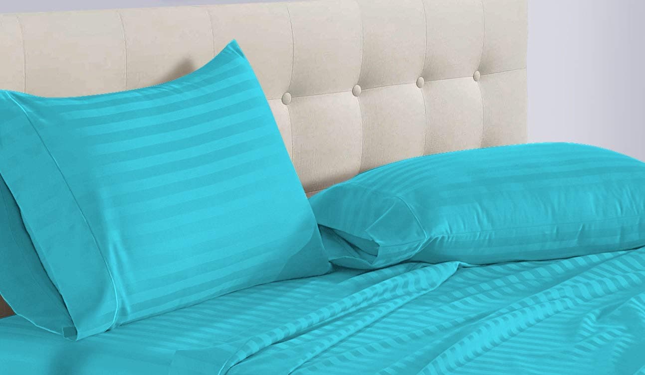 Scala Home 800TC 4PC Sheet Set Full Size Turquoise Blue Stripe 100% Egyptian Cotton - 16 INCH DEEP Pocket