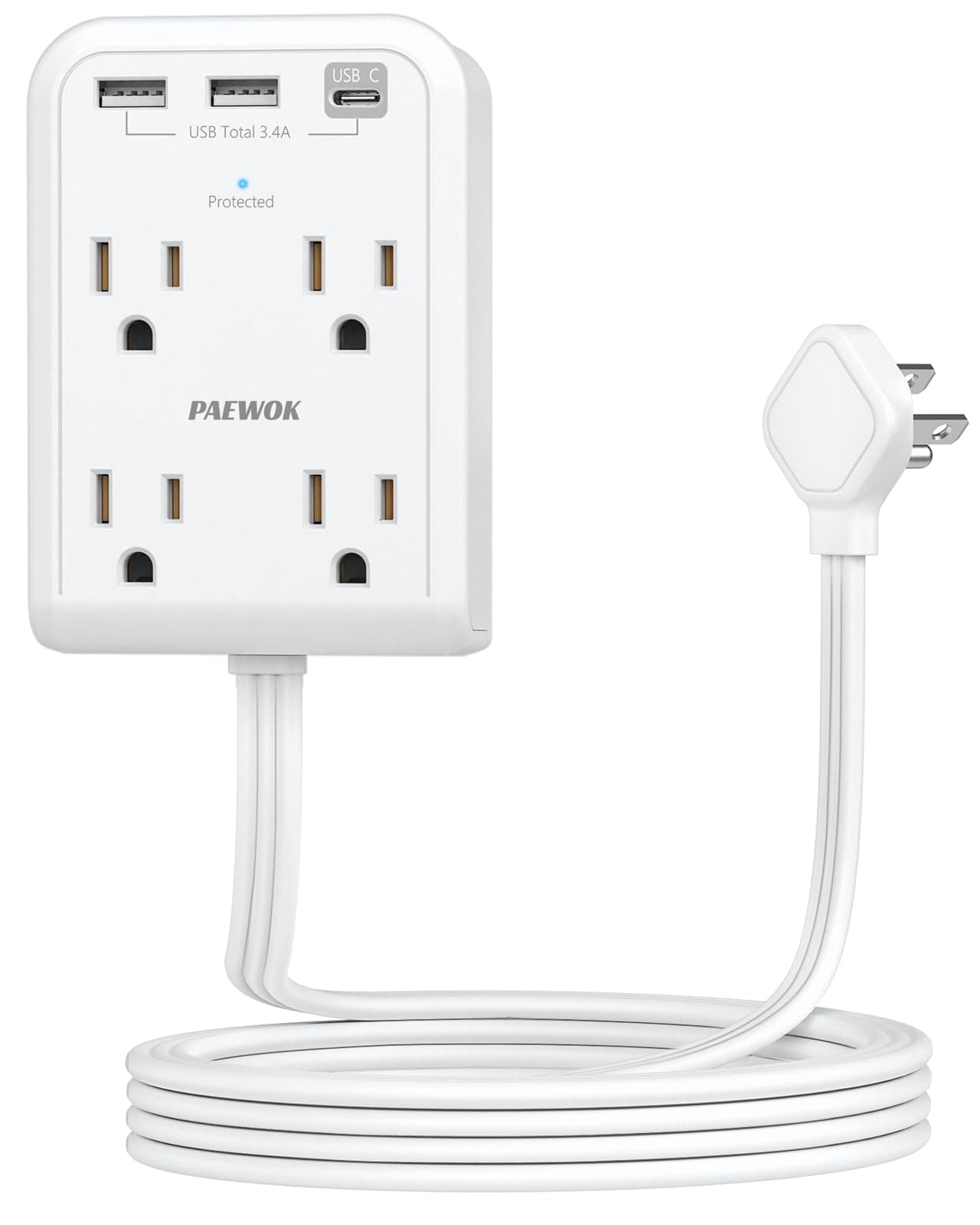 Surge Protector Power Strip, Outlet Extender Stick with USB C Ports, 4 Outlet 3 USB, Extension Cord Flat Wall Plug 6 FT, Home Office Dorm Room Essentials, White