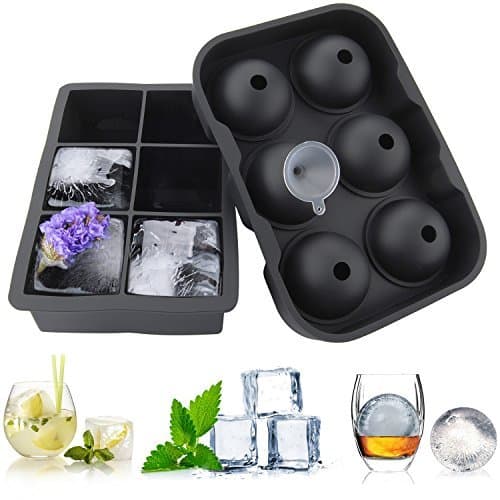 Ice Cube Trays Round Ice Ball Maker Mold and Large Square Ice Cube Trays Silicone Combo Mold Set of 2, Ice Cube Molds for Whiskey, Cocktail, Beverages,Reusable & BPA Free (Square and Round-Black)