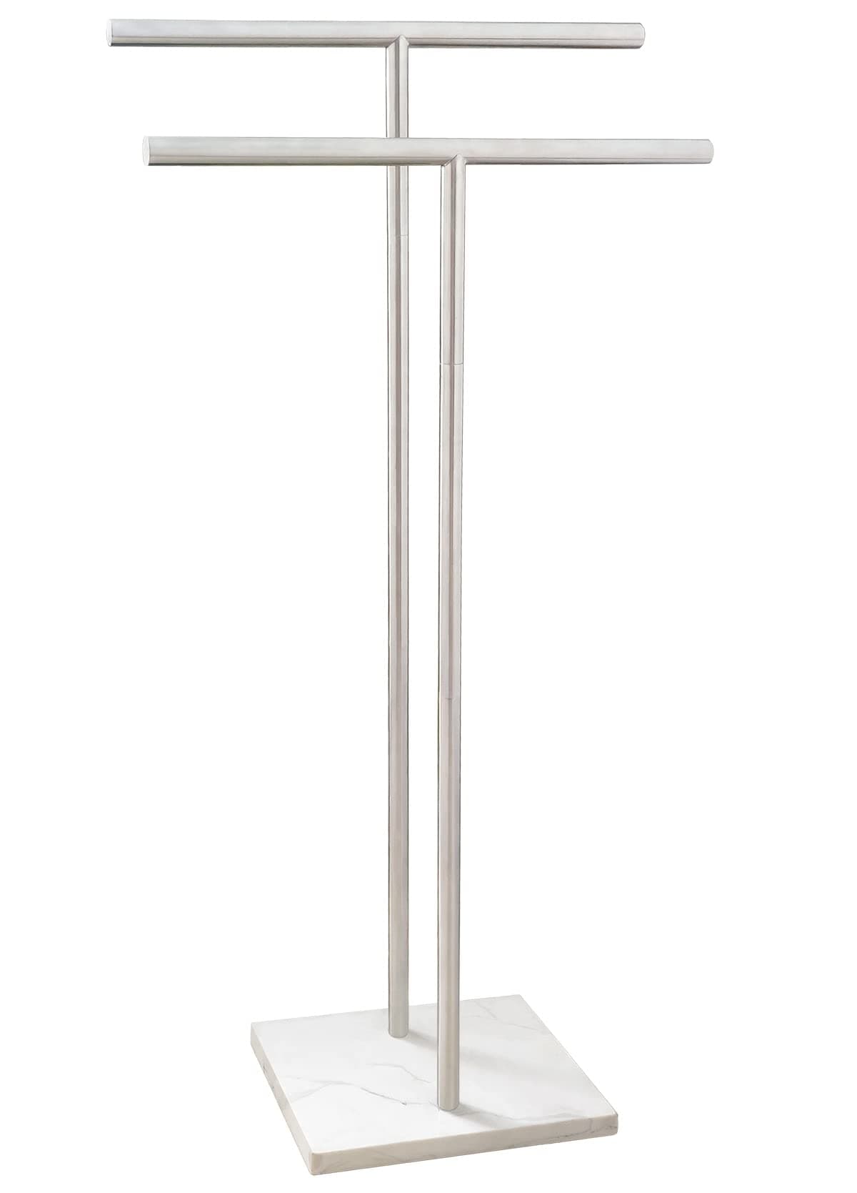 Standing Towel Rack Double-T Shape Bath Towel Sheet Holder with Marble Design Base for Bathroom Floor Next to Tub or Shower 2 Tier Towel Holder Stand Stainless Steel Brushed Nickel