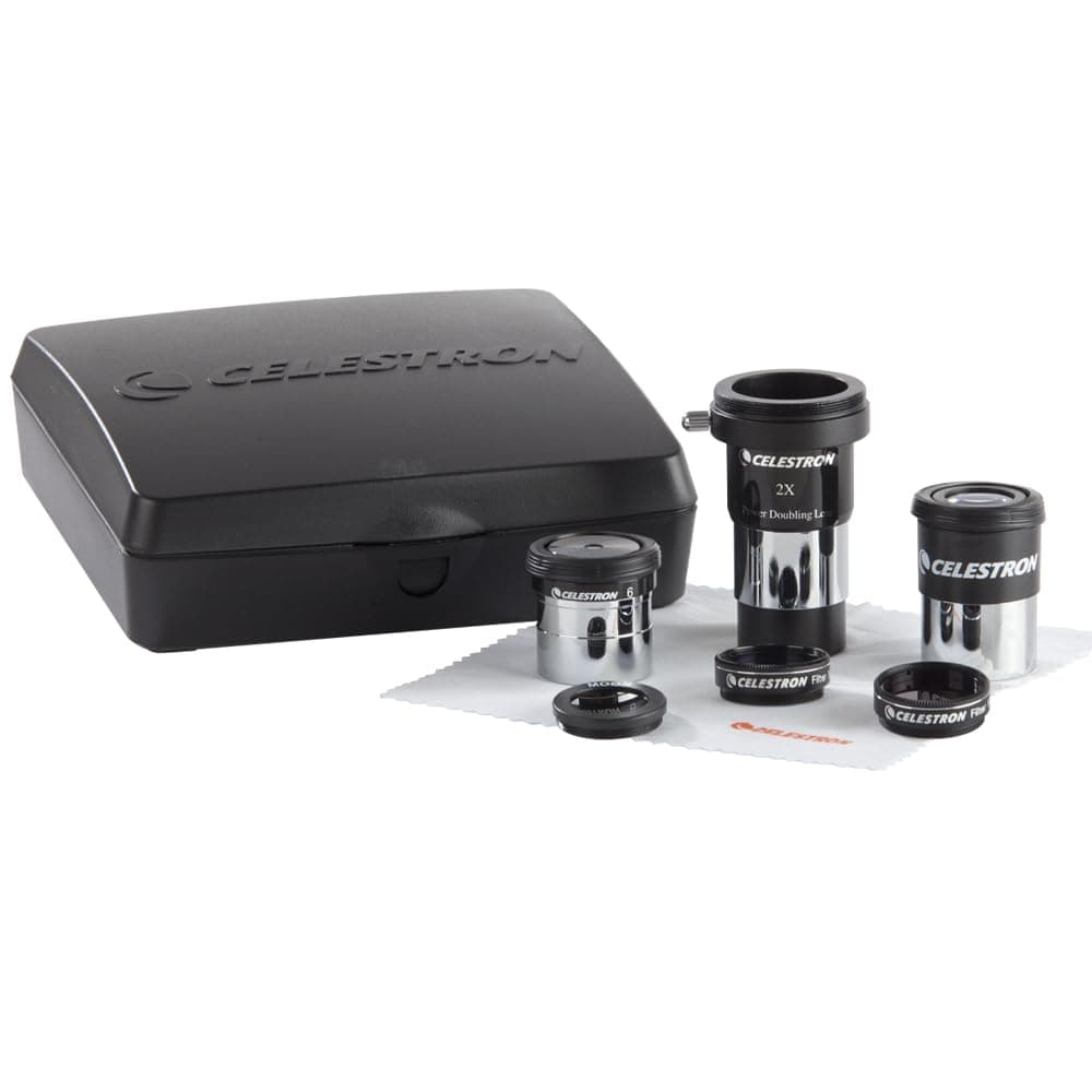Celestron AstroMaster 8-Piece Eyepiece & Filter Accessory Kit - Includes Two 1.25” Eyepieces, 2X Barlow Lens, Three Filters, Cleaning Cloth and Hard Case Black