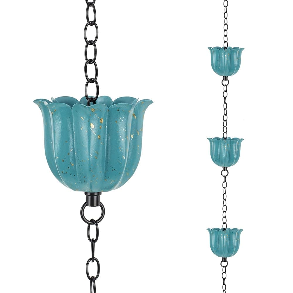 8.2ft Rain Chains for Outside, 10-Cup Lotus Rain Chain Replacement Downspout for Gutters, Eaves, Drainage, Adjustable Length(Light Blue)