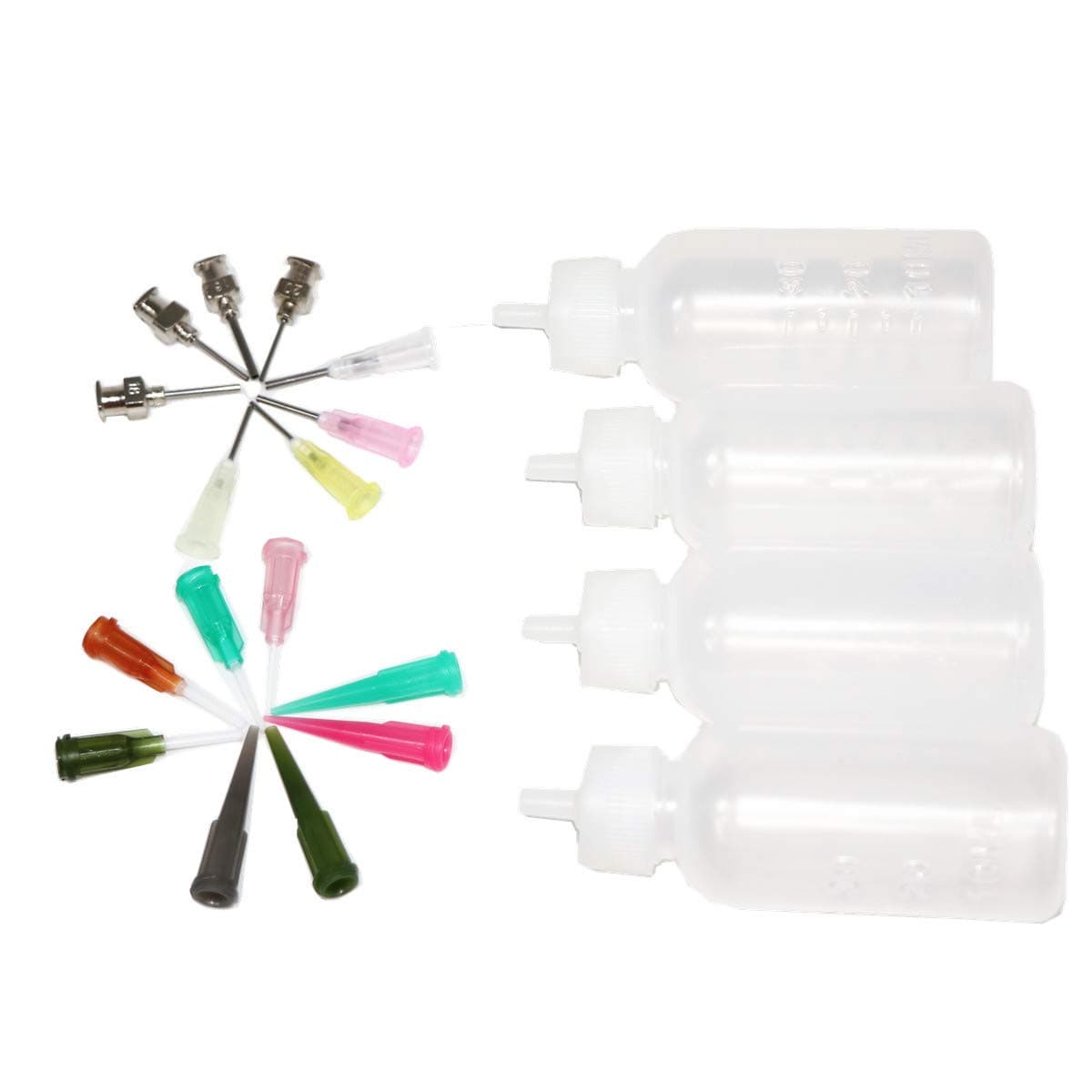 Multi Purpose DIY Precision Applicator Super Assortment Set with 4 Pcs 1 Oz.Tattoo Empty Bottle and 16 pcs Needles for Henna Tattoo Body Art Paint