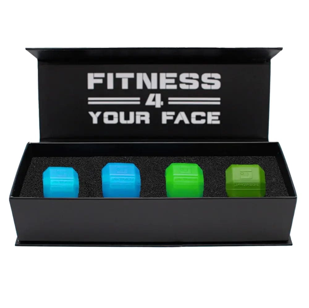 Athletic Bundle Jaw Enhancer - Jaw, Face, and Neck Exerciser, Helps Reduce Stress and Cravings - Facial Exercise (Pop N Go & Custom Fit (Beg., Adv., & Elite), Green & Blue)