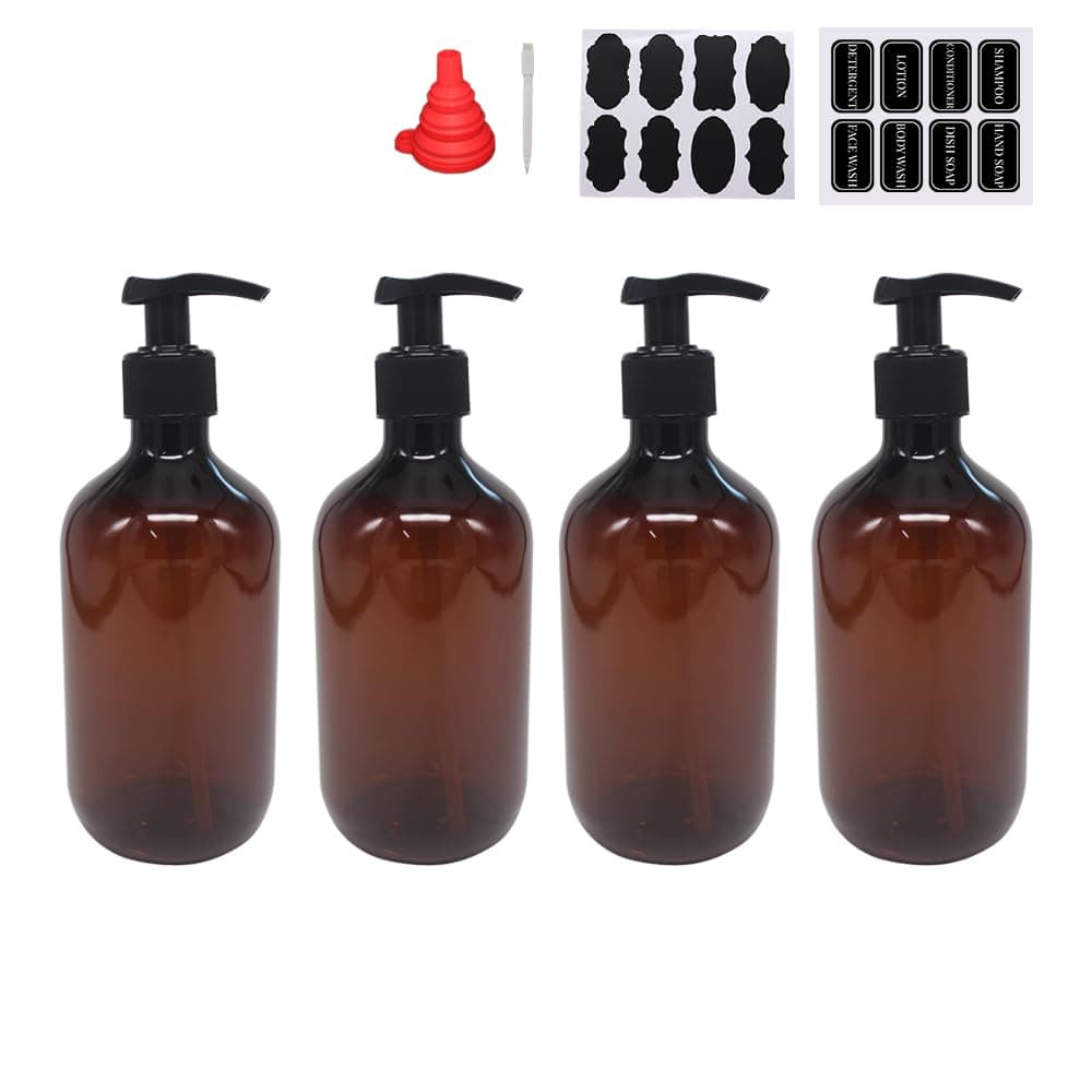 4 Pack 16 OZ Empty Plastic Pump Lotion Bottles with 1 Pen, Labels & Silicone Funnel, Amber Color Lotion Dispenser with Locking Pump for Body Wash, Shampoo, Massage Lotion, Gel