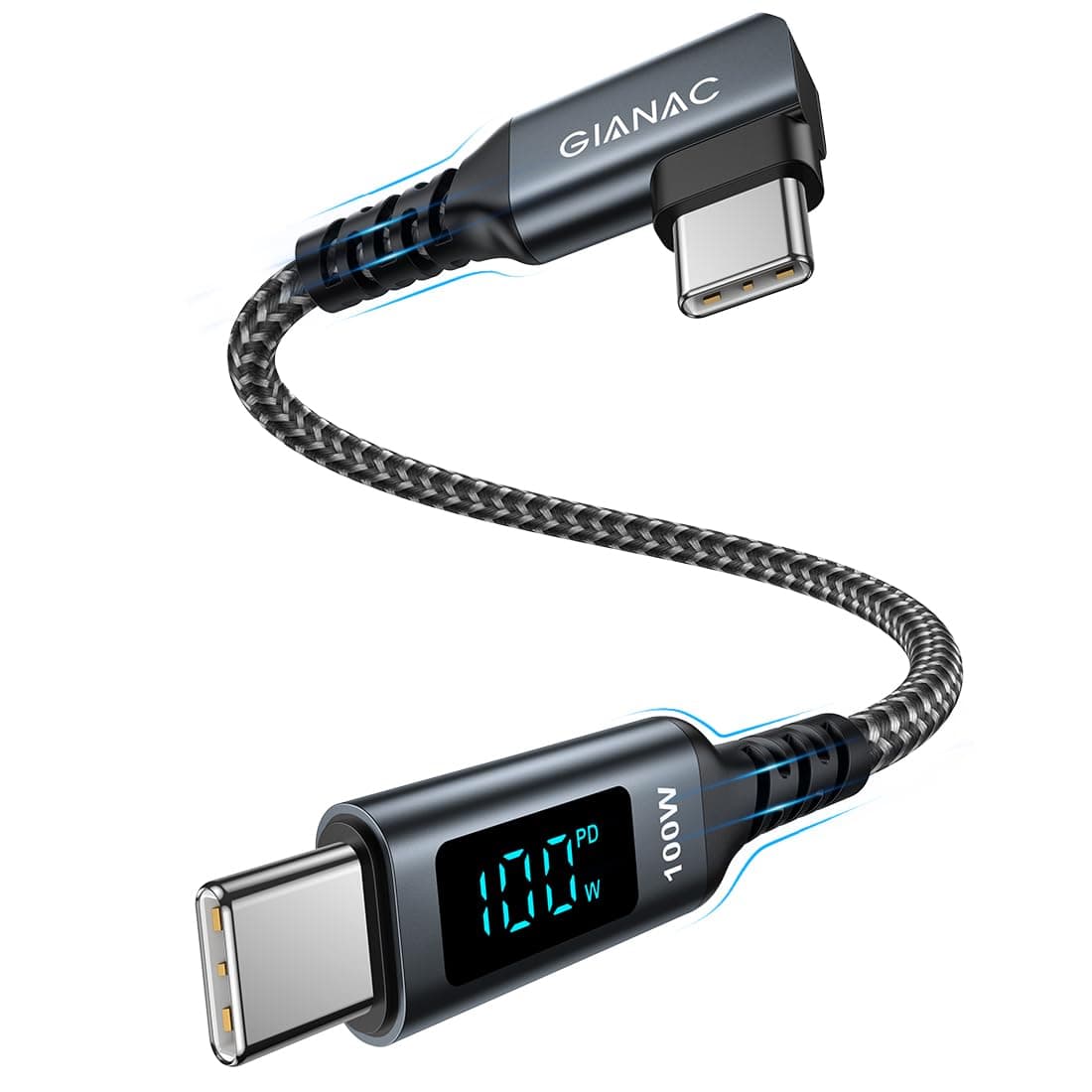 100W USB C to USB C Charger Cable [0.3M] 90 Degree USB C Cable Fast Charging with LED Display PD 5A Phone Charger Cable for Macbook Pro/MacBook Air/iPad Pro/Samsung Galaxy/Huawei/iPhone 15