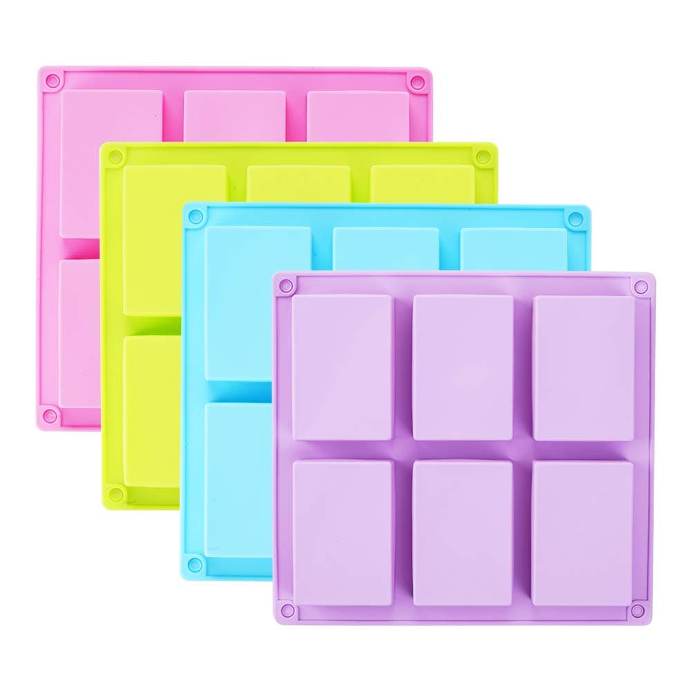 TDHDIKE 4 Pack Rectangle Silicone Soap Molds(Blue & Pink & Green & Purple), 6 Cavities Silicone Baking Mold DIY Handmade Soap Making, Muffin, Loaf, Brownie, Cornbread and More