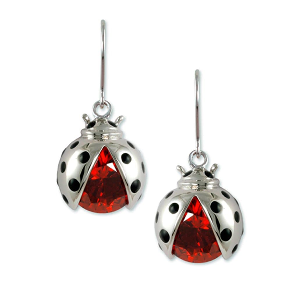 Rhodium Plated fish hook earring with (1) ladybug" with (1) 8mm garnet CZ and black enamel accents