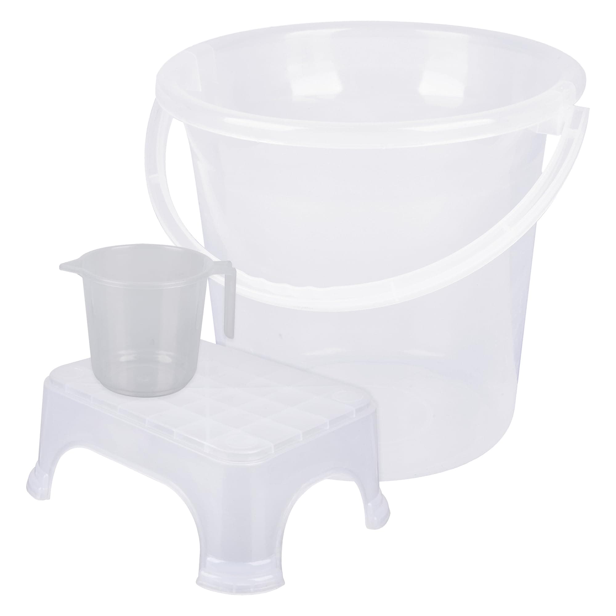 Kuber Industries Bathroom Set|Plastic Bathroom Combo Set|Bucket-Stool-Mug Set for Bathroom|Modern Bath Set|Set of 3|Transparent,White