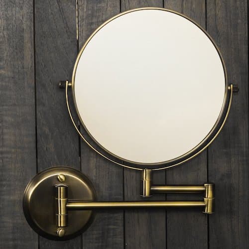 Hotel Quality 8" Magnification Wall Mount Swing Arm Mirror. Two-Sided Regular & 7X Magnification. Brushed Brass Finish.