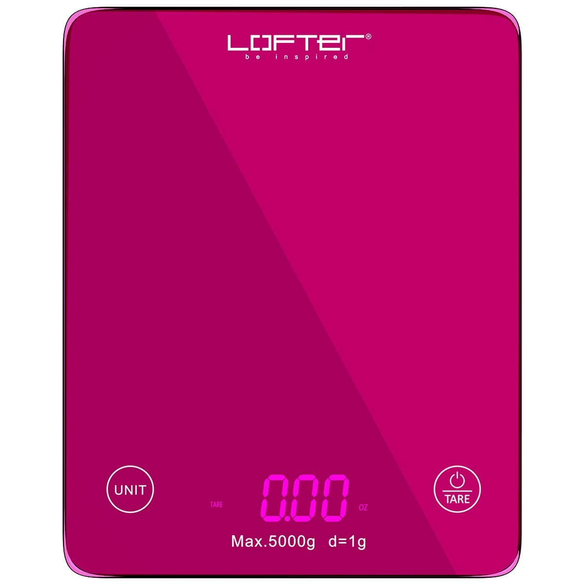 Food Scale, LOFTER Multifunction Digital Kitchen Scale with LED Display for Baking Cooking, 11lb/5KG Capacity, Ultra Slim, Easy to Clean, Tempered Glass Surface Touch Screen, Battery Included, Pink