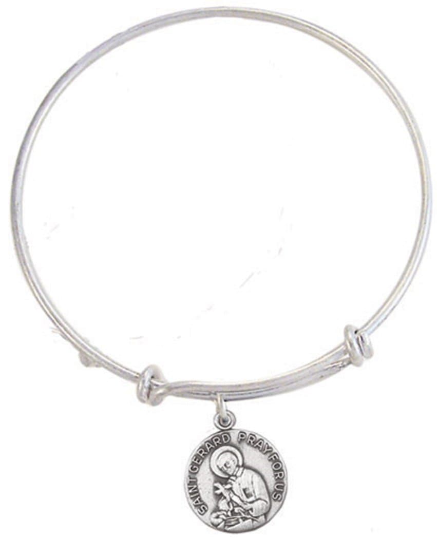 Silver Toned Base Bangle Bracelet with Pewter Saint Gerard Medal, 7 1/2 Inch