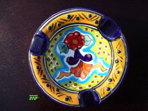 Talavera Small Ashtray 3 1/2" Modern Design Authentic Puebla Mexico Fine Ceramic Pottery Hand Painted Design Vivid Colorful Art Decor / Signed! (yellow green greca)