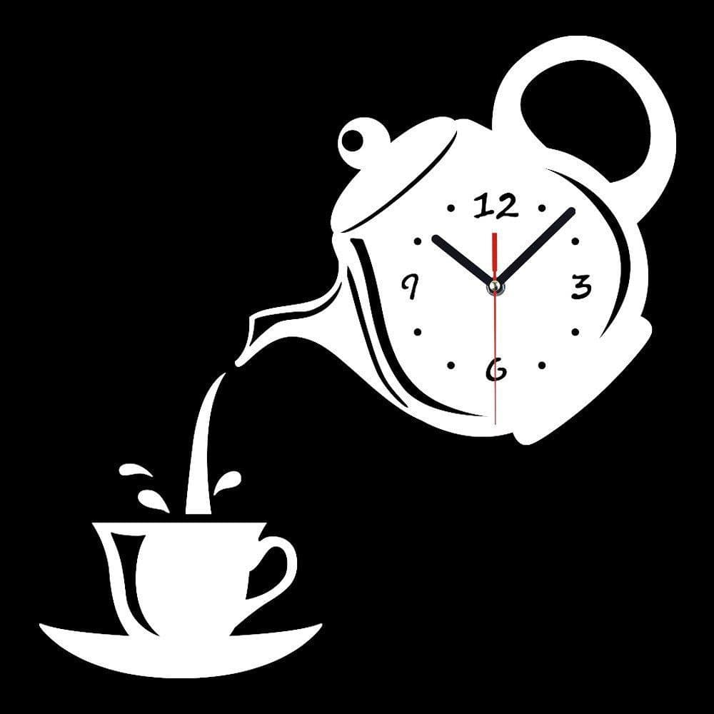 Ho clock DIY 3D Wall Clock Acrylic Coffee Cup Teapot Shape Decorative Kitchen Wall Clocks Living Room Dining Room Home Decor Clock Stickers Removable, white