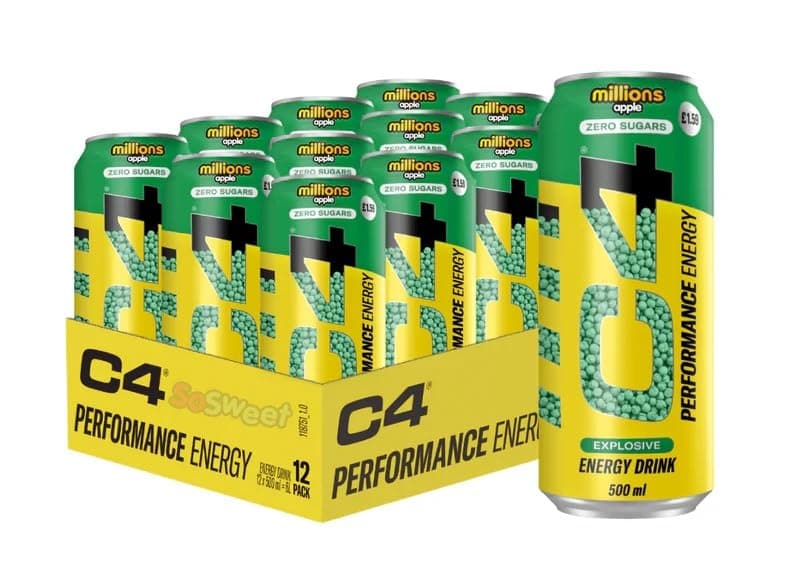 C4 Performance Energy Millions Apple Explosive Energy Drink Zero Sugar Can 500ml (Pack Of 12)