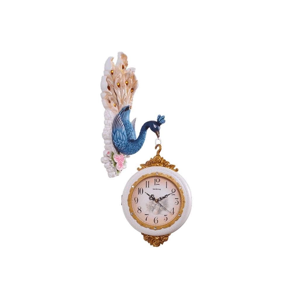 LKSPD Clocck, European Silent Double-Sided Wall Clock, Personalized Creative Wall Hanging Decorative Clock, Peacock Style Design Style (Blue) (Color : Blue)