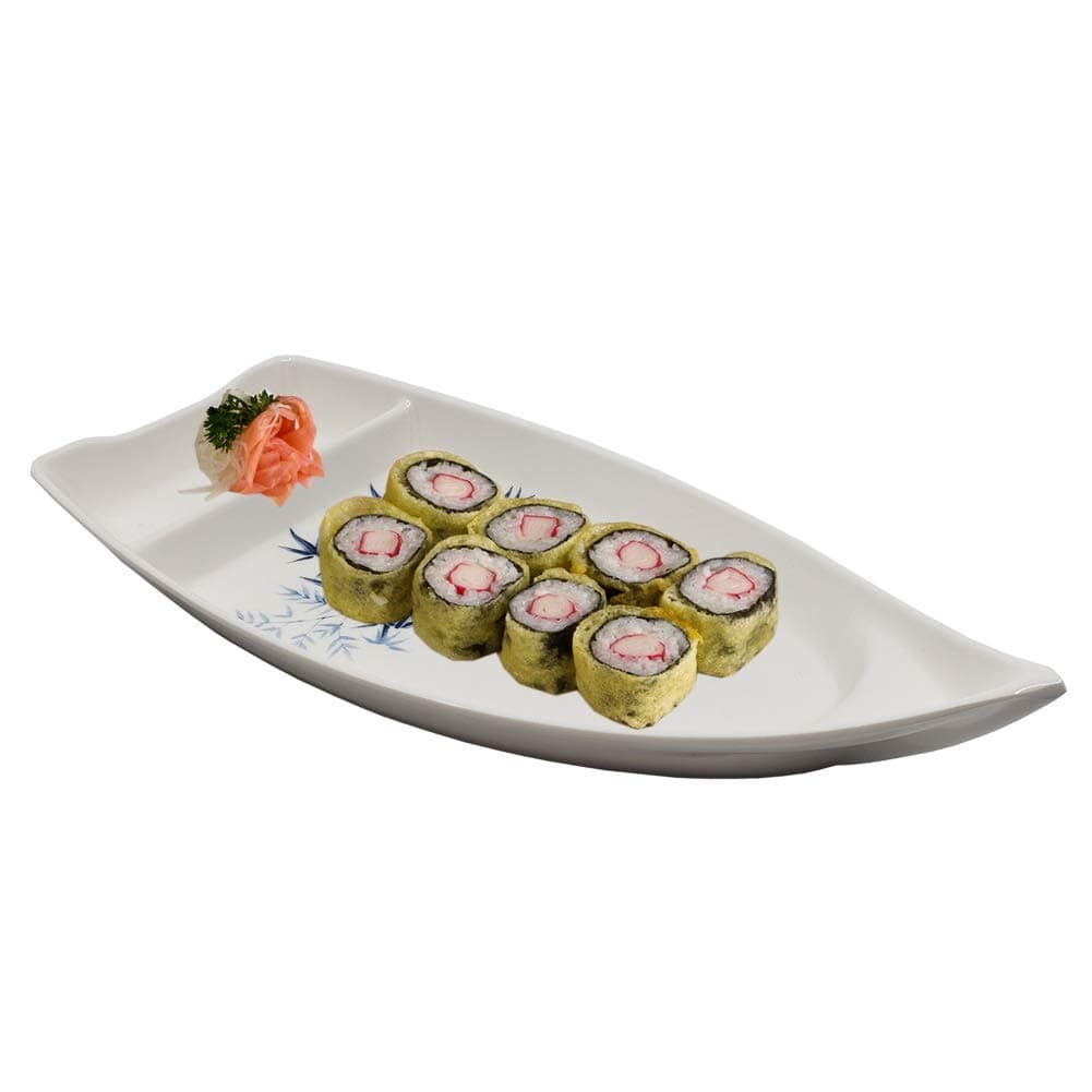 The Elixir Blue Bamboo Collection Sushi Serving Boat, 10 x 4 inches, White Sushi Boat Plate with Soy Sauce Compartment