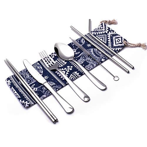 Reusable Utensils with Case - DMight 7 Pieces Portable Silverware Set with Anti-rust Stainless Steel Knife Fork Spoon Chopsticks Straws, Travel Cutlery Set, Dishwasher Safe