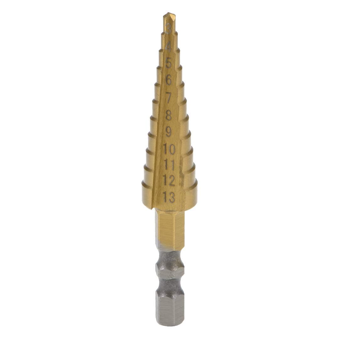 Step Drill Bit HSS 3mm to 13mm 11 Sizes Titanium Coated Straight Flutes Hex Shank for Metal Wood Plastic