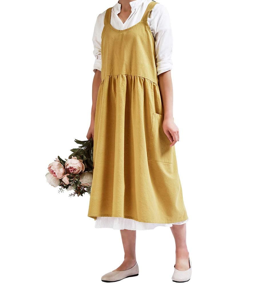 ACMEDE Women's Kitchen Cooking Aprons with Pocket Solid Color Cotton and Linen Dress Pattern Apron Tabard Apron Yellow
