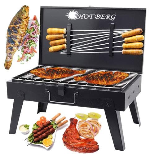 Foldable Briefcase Charcoal Grill Portable BBQ-562 Lightweight Simple Grill for Outdoor Cooking Camping Picnics Travel Barbecue Grill with 8 Skewers& Charcoal Grill
