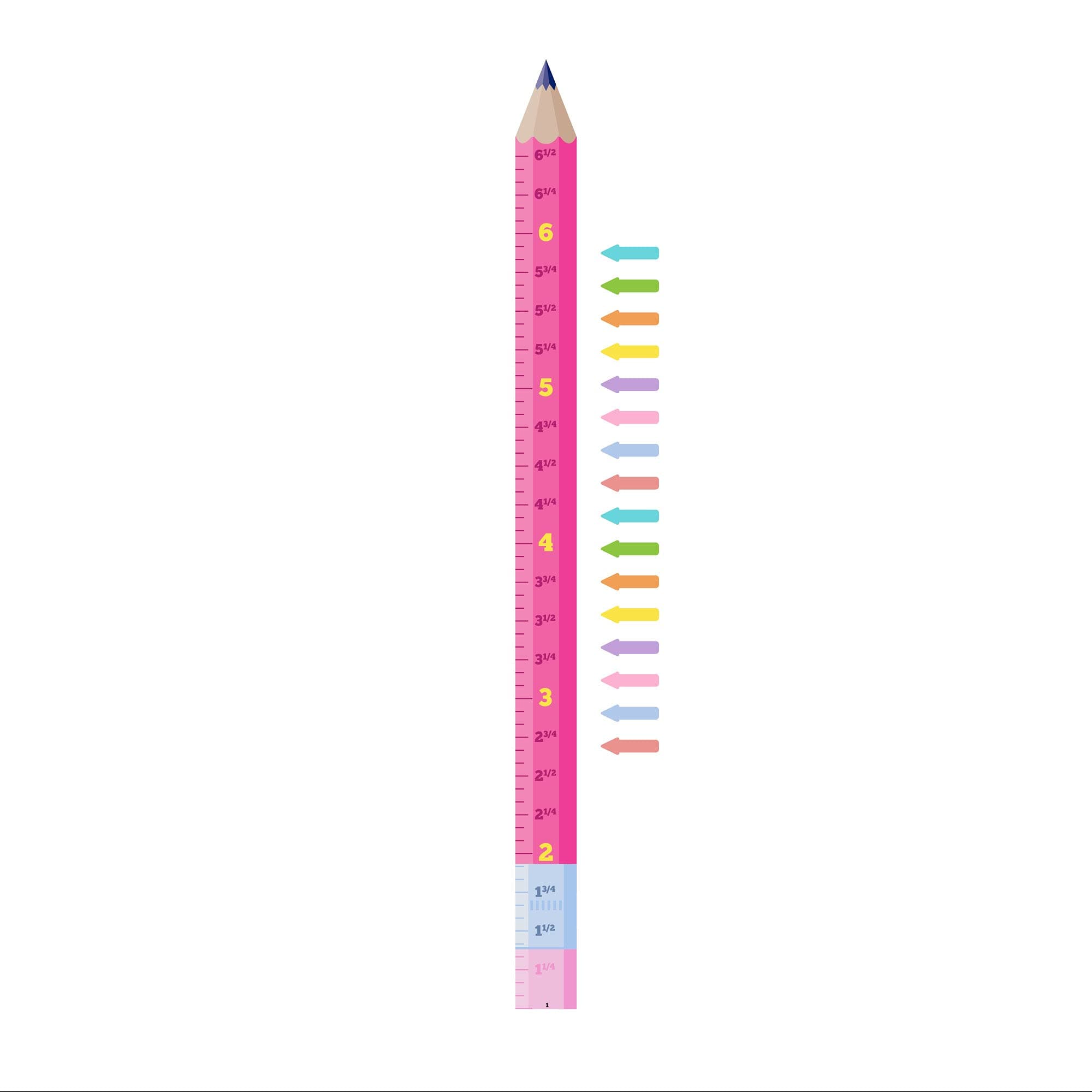 Pink Pencil Wall Growth Chart | Decal for Kids, Studious Boys and Girls | 73.5 Inches Tall by 4.8 Inches Wide with 16 Multicolored Measuring Arrows to Mark Wall Ruler