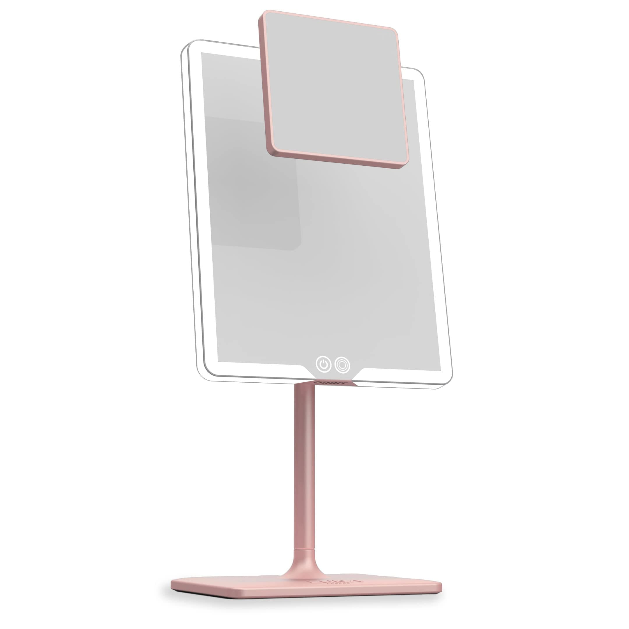 LUNA London Orbit LED Vanity Mirror with Lights, Dimmable & USB-C Rechargeable Tabletop Mirror, 7X 1X Magnification - Blush Rose Pink