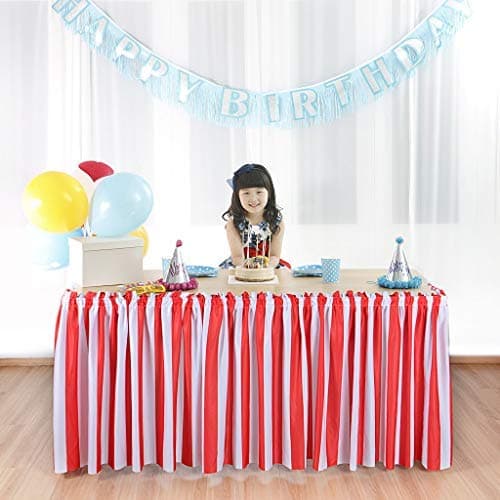 Suppromo 6ft Red White Striped Table Skirt For Rectangle Tables or Round Tables Pleated Ruffle Table Skirt For Baby Show, Birthday Party, Wedding, Banquet, Home and Carnival Decoration(L 6(ft) H 31in)