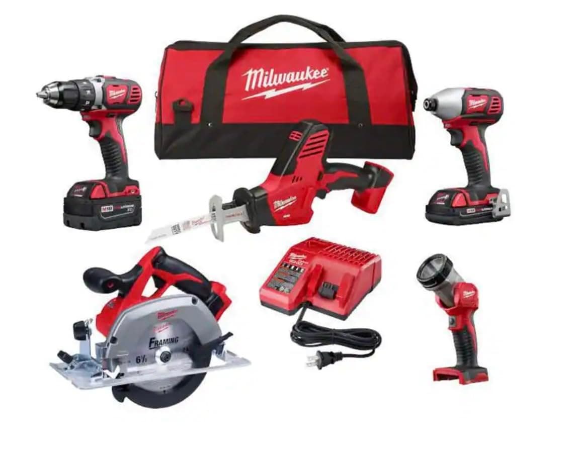 M18 18-Volt Lithium-Ion Cordless 5-Tool Combo Kit, 2 Batteries, Charger, Carrying Case