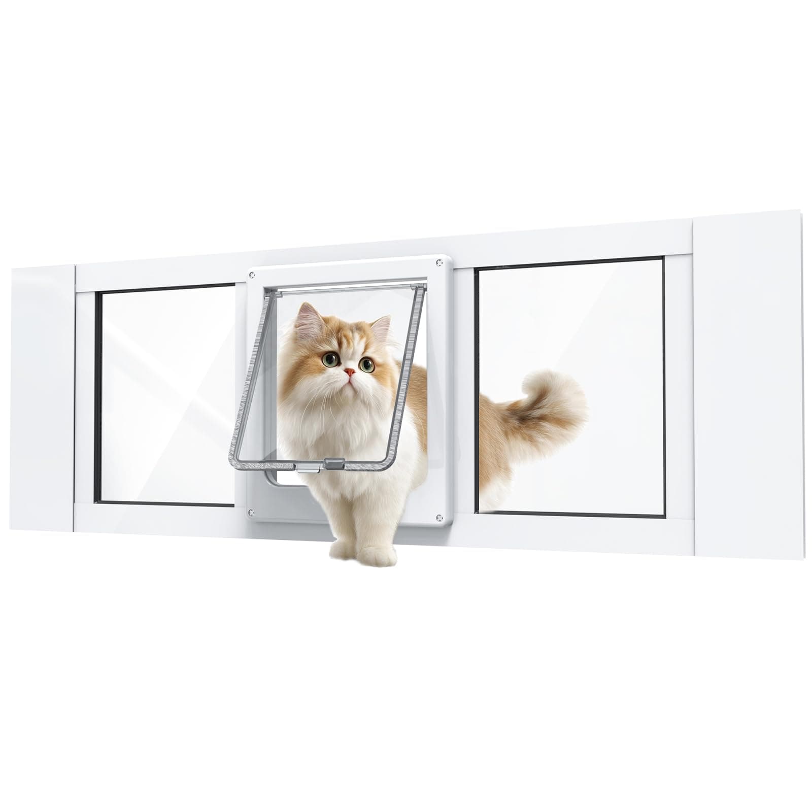 Cat Door for Window, Aluminum Cat Door Window Insert with 4 Secure Lock Modes, Magnectic Closure for Cats, Fit Window Width 24"-28", White