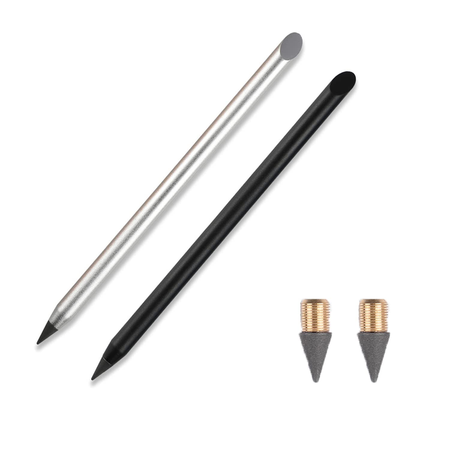 2pcs Metal Inkless Pencil with BONUS 2 Replaceable Nibs, Pen Erasable Metallic Reusable Everlasting for Writing Drawing Home Office School Supplies (Black & Silver).